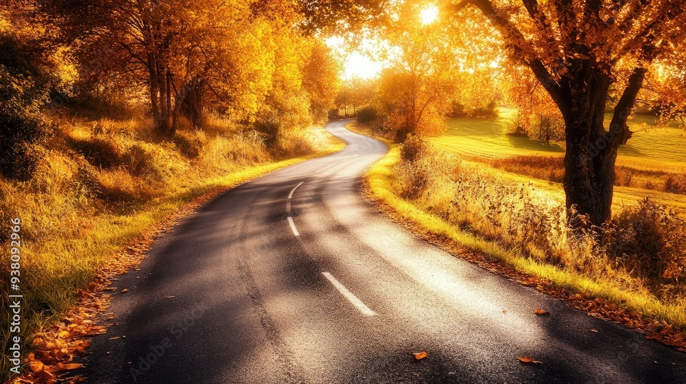 Obraz premium Golden autumn trees lining a winding road, seasonal transition and nature beauty, peaceful drive in the countryside