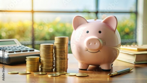 A neatly organized desk with a piggy bank, calculator, and coins, surrounded by stacks of bills and financial documents, representing effective savings and cost management. photo