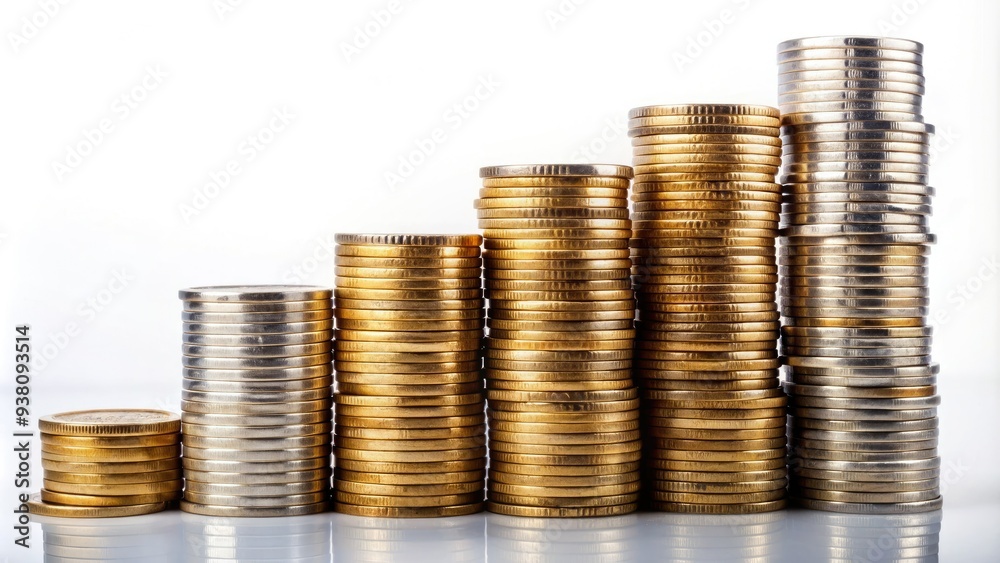 A neatly organized stack of shiny coins in various denominations against a crisp white background, showcasing financial growth and savings. A neatly organized stack of shiny coins in various denominations against a crisp white background, showcasing financial growth and savings.