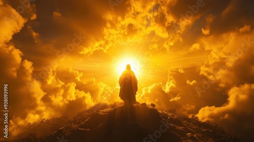 Jesus silhouette on a hill crest, surrounded by a glowing sun and dramatic clouds, representing a prophet's visionary dreams.