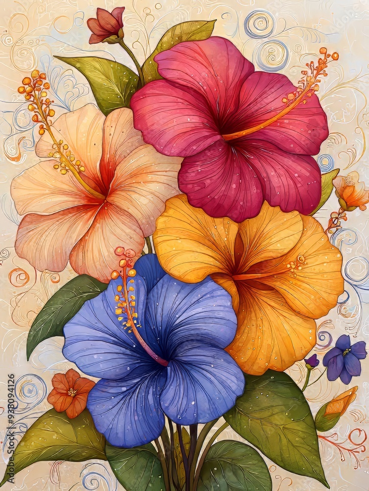 custom made wallpaper toronto digitalVibrant Ornamental Watercolour Rendering of Hibiscus Flowers