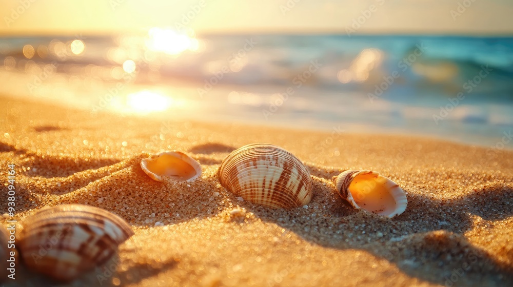 Golden grains of sand on a beach with seashells, coastal nature and serene seaside atmosphere, nature background Golden grains of sand on a beach with seashells, coastal nature and serene seaside atmosphere, nature background