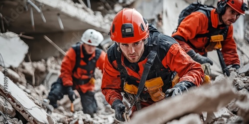 Rescue team navigating through the rubble of a building collapse, protective gear and tools in hand, chaotic yet focused scene, disaster recovery mission