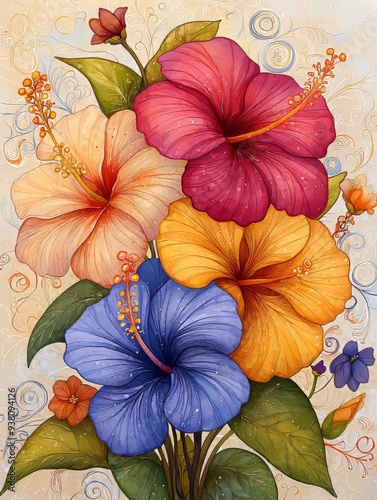 Wallpaper Mural Vibrant Ornamental Watercolour Rendering of Hibiscus Flowers Torontodigital.ca