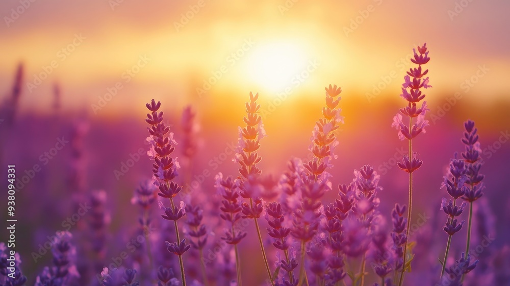 Golden hour in a lavender field with blooming flowers, peaceful nature retreat and serene evening, landscape view Golden hour in a lavender field with blooming flowers, peaceful nature retreat and serene evening, landscape view