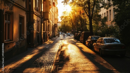 Golden hour light casting long shadows on a city street, urban landscape and evening ambiance, space for text