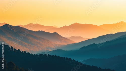 Golden hour over a mountain range, warm hues and scenic beauty, nature landscape with space for text