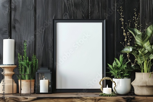 fine art print mockup of frame on dark wood background in a cozy cottage with plants and candle decor photo