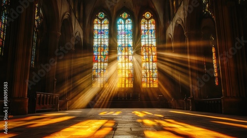 Golden light filtering through stained glass windows, spiritual symbolism and sacred space, peaceful ambiance -