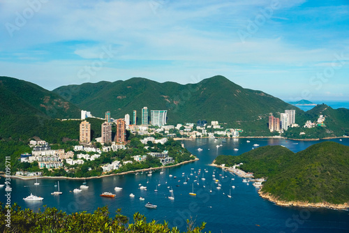 The beautiful scenery of Brick Hill viewpoint overlook deep water bay, Shouson Hill, and Repulse Bay at the sunset in Hong Kong