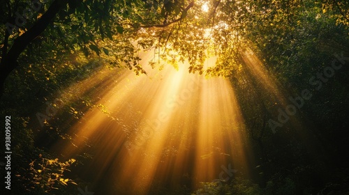 Golden rays of sunlight streaming through a forest, peaceful nature retreat and morning light concept, landscape view