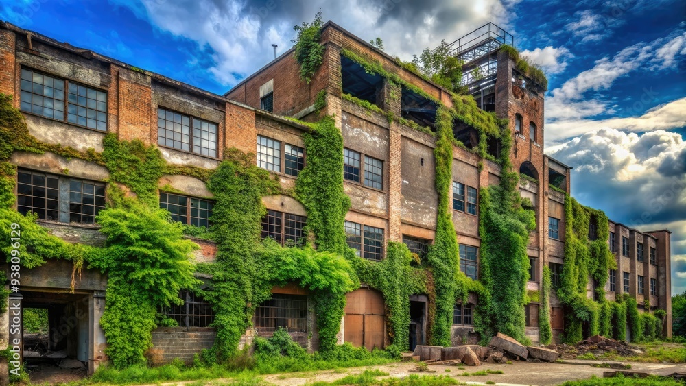 A once-thriving factory stands abandoned, its crumbling facade overgrown with vines, a poignant symbol of industrial decline and the passage of time. A once-thriving factory stands abandoned, its crumbling facade overgrown with vines, a poignant symbol of industrial decline and the passage of time.