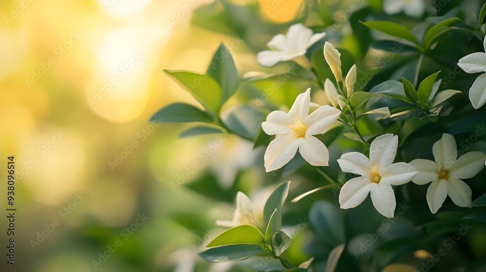 Photograph showcasing a beautifully blooming jasmine plant in a peaceful well manicured garden setting with vibrant greenery and a serene calming atmosphere Photograph showcasing a beautifully blooming jasmine plant in a peaceful well manicured garden setting with vibrant greenery and a serene calming atmosphere