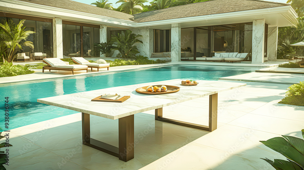 Fototapeta premium a pool with a palm tree and a luxurious house in the background