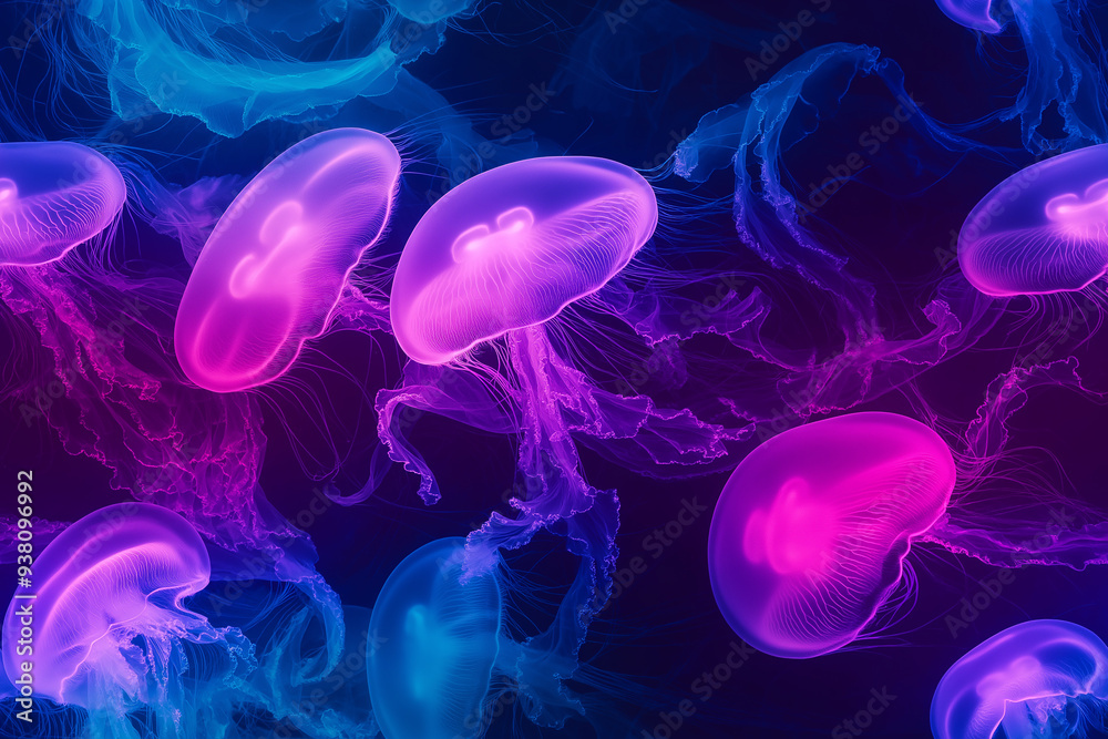 Neon glowing jellyfish in deep blue and pink hues floating gracefully in a seamless underwater pattern, evoking an ethereal and calming atmosphere. Neon glowing jellyfish in deep blue and pink hues floating gracefully in a seamless underwater pattern, evoking an ethereal and calming atmosphere.