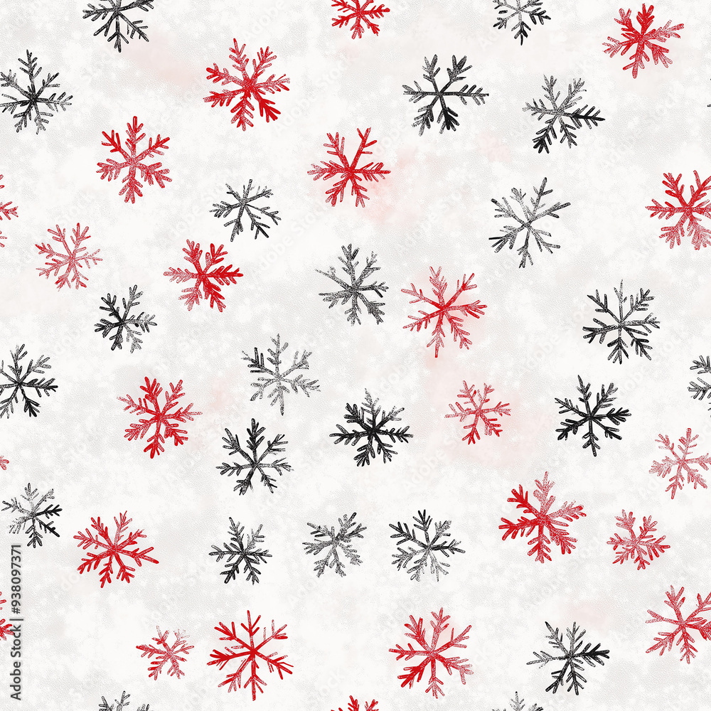 Winter-themed seamless pattern with red and black snowflakes on a light background. The festive colors and intricate designs capture the spirit of the winter season. Winter-themed seamless pattern with red and black snowflakes on a light background. The festive colors and intricate designs capture the spirit of the winter season.
