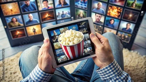 A person holds a tablet displaying a popular entertainment website, surrounded by movie tickets, popcorn, and DVDs, evoking a sense of cinematic enthusiasm. photo