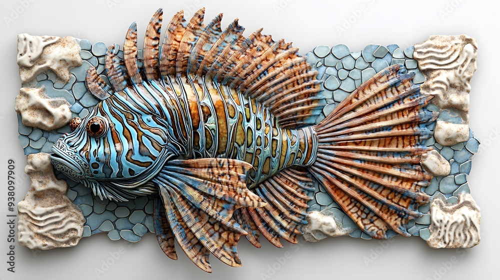 Naklejka premium 114. **A 3D render of a ceramic tile art showcasing a majestic lionfish with intricate patterns and colors, isolated on a white background