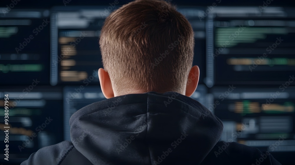 A person focused on multiple screens displaying data analysis and coding in a modern tech environment. A person focused on multiple screens displaying data analysis and coding in a modern tech environment.