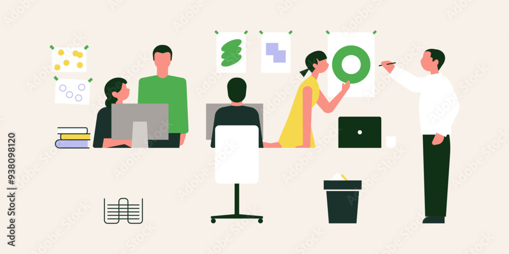 Brainstorming Team Concept. Business People Discussing Idea on Board Meeting in Office. Teamwork Project Development Process. Employees Work on Laptops and Communicate. Vector Illustration Brainstorming Team Concept. Business People Discussing Idea on Board Meeting in Office. Teamwork Project Development Process. Employees Work on Laptops and Communicate. Vector Illustration