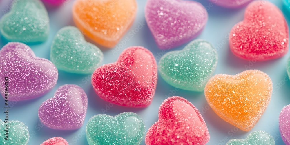 A bunch of colorful jelly hearts are spread out on a blue surface. The jelly hearts are of different colors and sizes, creating a vibrant and playful scene A bunch of colorful jelly hearts are spread out on a blue surface. The jelly hearts are of different colors and sizes, creating a vibrant and playful scene