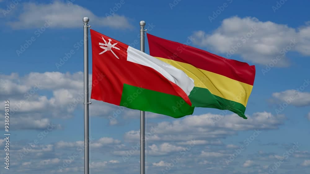Bolivia and Oman flags flying together, video concept of the relationship, two country relations concept Bolivia and Oman flags flying together, video concept of the relationship, two country relations concept