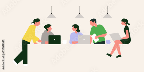 Brainstorming Team Concept. Business People Discussing Idea on Board Meeting in Office. Teamwork Project Development Process. Employees Work on Laptops and Communicate. Vector Illustration