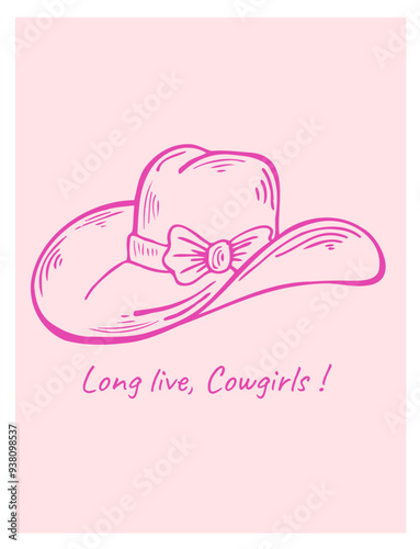 Cowgirl hat with a charming bow. Western poster. Pink coquette aesthetic. Hand drawn pink line art vector illustration.