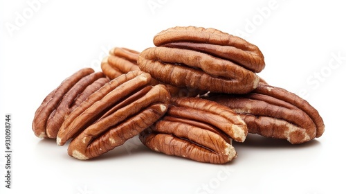 A close-up shot of a group of pecan nuts isolated on a white background.