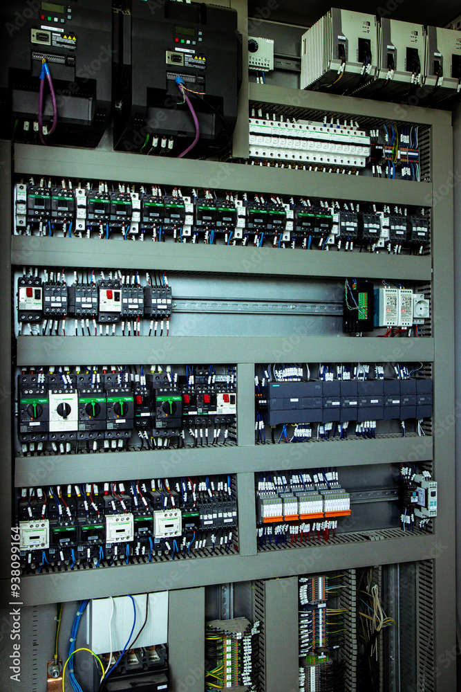 Inside view of an advanced control panel within an industrial facility, featuring various circuit breakers and switches. Essential for managing complex operations.