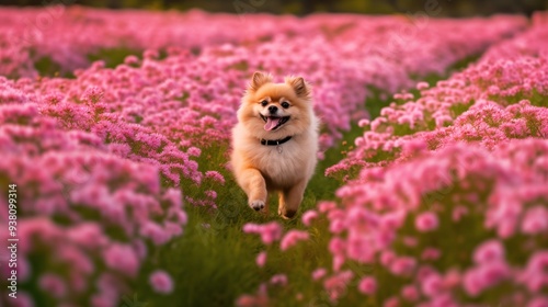 A cute dog runs through a field with flowers. photo