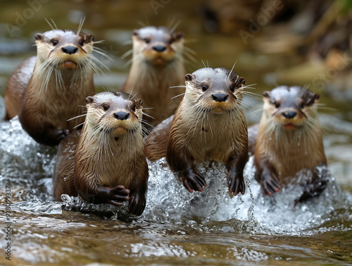 A group of otters are swimming in a river. The otters are all different sizes and are all looking at the camera