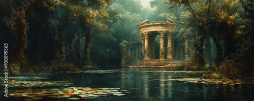 Dynamic oil painting of a forest pond with lily pads and a vinecovered Greek palace photo