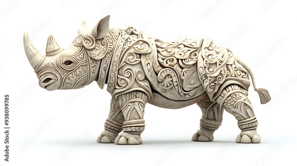119. **A detailed 3D render of a ceramic tile art depicting a majestic rhinoceros with intricate designs, isolated on a white background 119. **A detailed 3D render of a ceramic tile art depicting a majestic rhinoceros with intricate designs, isolated on a white background