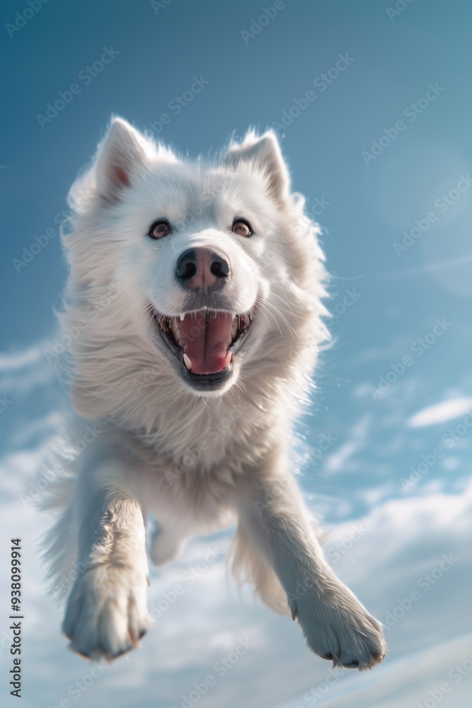 Fototapeta premium A dog is flying in the sky with happy face. shot