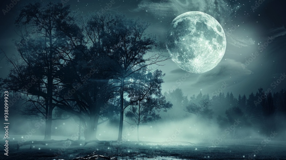 Dark forest with fog, gloomy dark scene with trees, big moon, moonlight. Abstract dark, cold outdoor background, night scene Dark forest with fog, gloomy dark scene with trees, big moon, moonlight. Abstract dark, cold outdoor background, night scene