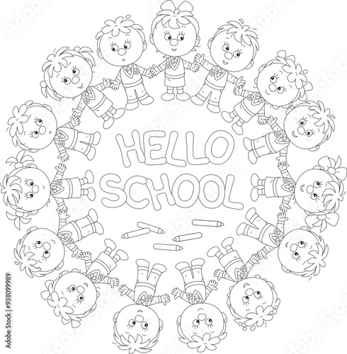 Hello school card with happy little schoolchildren holding hands, black and white outline vector illustration for a coloring book