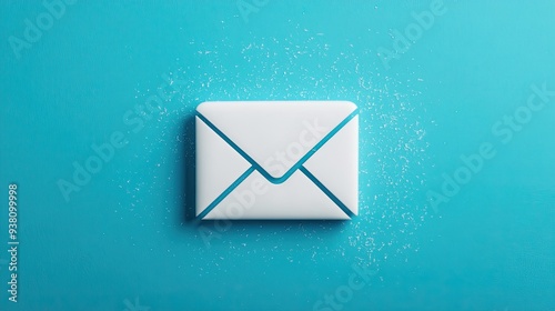 Minimalist white envelope on a teal background, with subtle scattered particles adding a touch of dynamism to the scene.