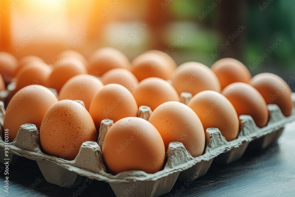 Chicken eggs neatly arranged on egg box. with sunlight in the morning. as background and wallpaper , ai Chicken eggs neatly arranged on egg box. with sunlight in the morning. as background and wallpaper , ai