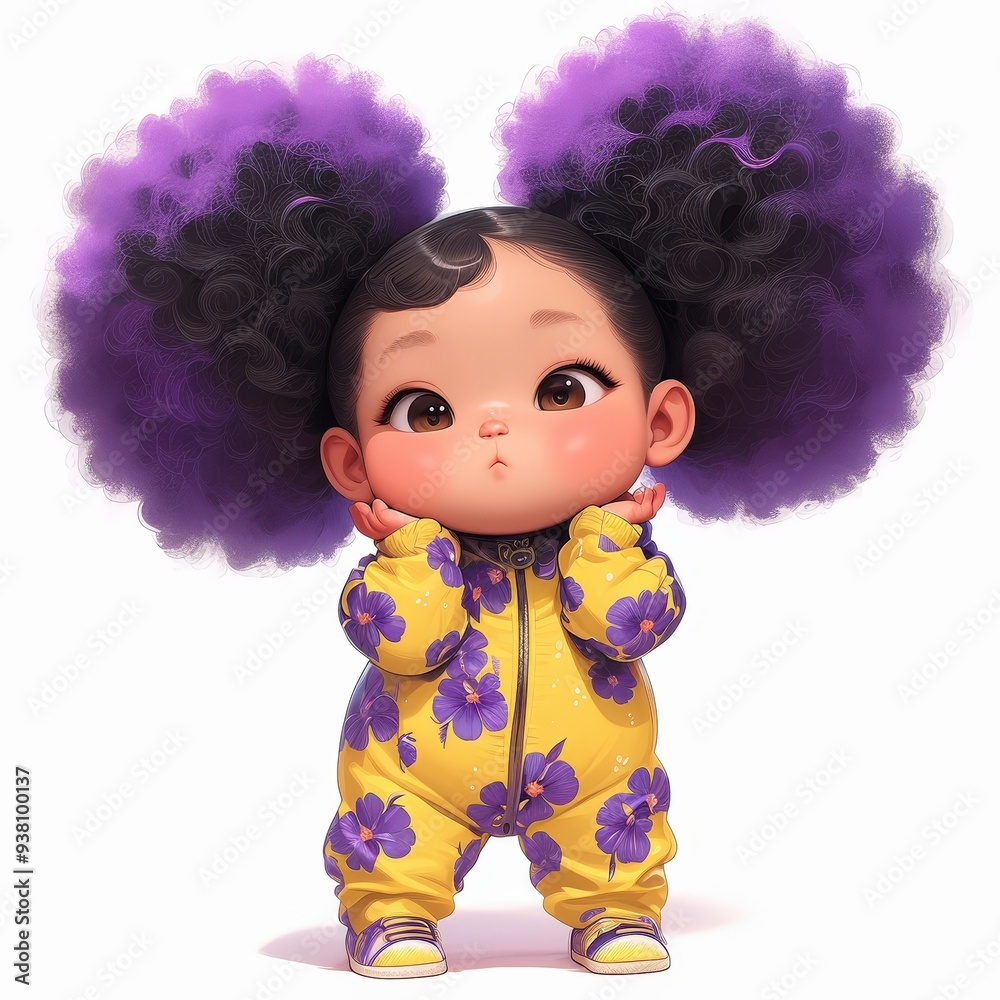 Fototapeta premium Cute chibi baby girl illustration with large purple afro puffs wearing a yellow floral jumpsuit on a white background.