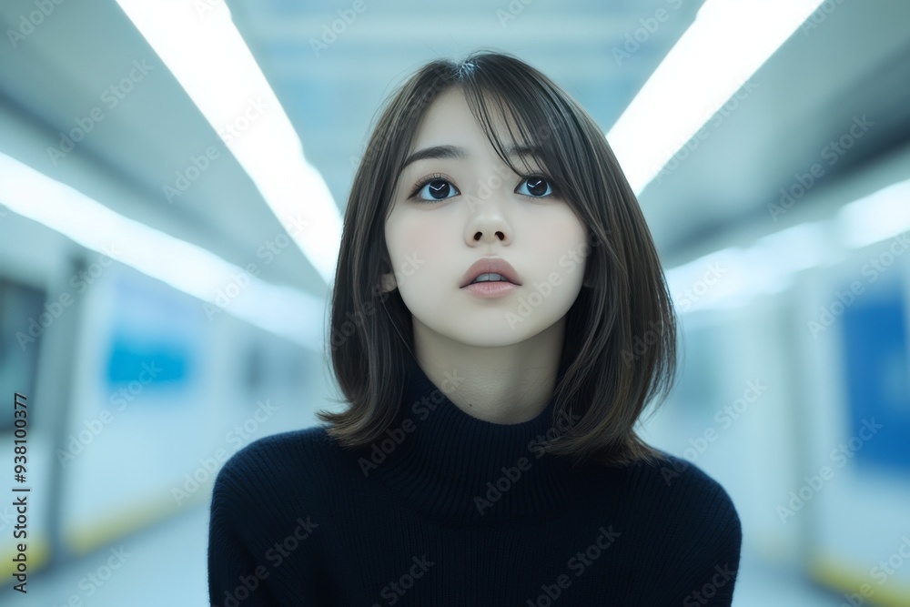Woman in a Modern Subway Representing the Isolation and Reflective Mood in a Fast Paced Urban Environment Woman in a Modern Subway Representing the Isolation and Reflective Mood in a Fast Paced Urban Environment