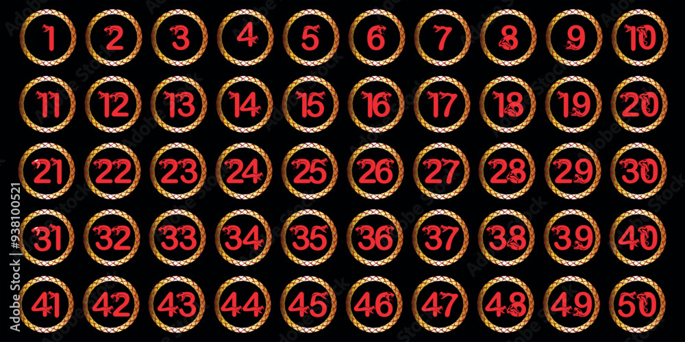 Numbers, 1 to 50 serial number table pemium golden scales circle snake theme Numbers, 1 to 50 serial number table pemium golden scales circle snake theme