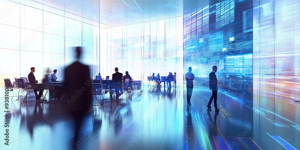 High-tech conference room with businesspeople in motion blur, digital screens and futuristic furniture, modern corporate environment High-tech conference room with businesspeople in motion blur, digital screens and futuristic furniture, modern corporate environment