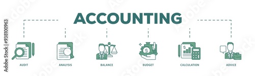 Accounting icon infographic illustration concept with icon of audit, analysis, balance, budget, calculation, and advice icon png and easy to edit 