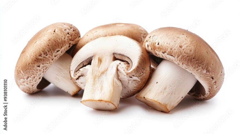 Fototapeta premium Three brown cremini mushrooms arranged on a white background.