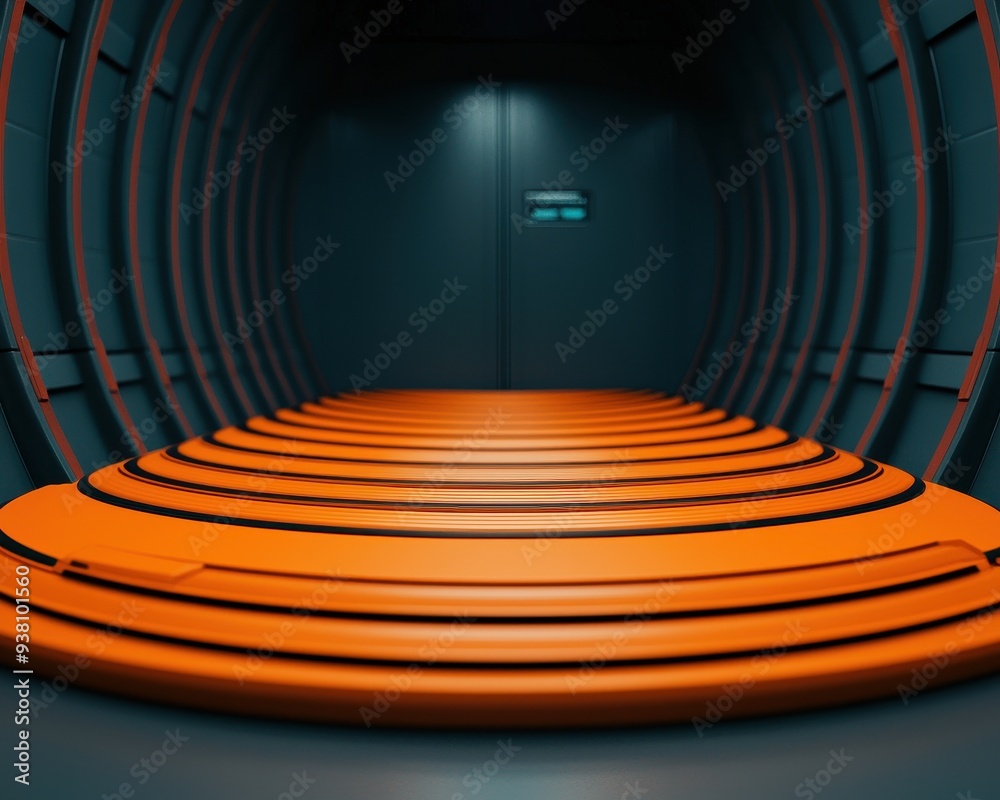 Fototapeta premium Futuristic corridor with orange steps and dark walls, creating a sci-fi atmosphere suitable for media and design projects.
