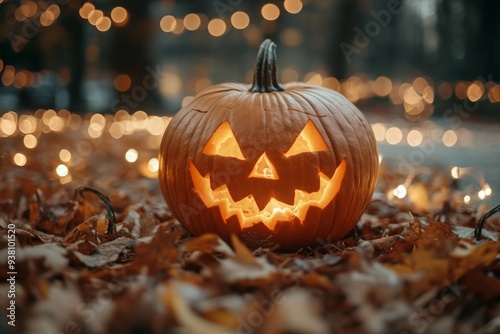 A carved Halloween pumpkin glowing warmly amidst festive string lights and autumn leaves, creating a spooky yet cheerful atmosphere

