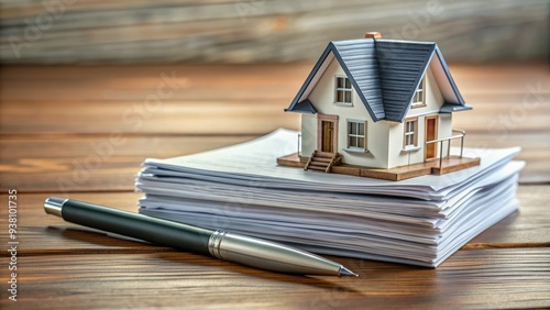 A precise stack of mortgage papers, a pen, and a miniature house model rest on a wooden desk, surrounded by subtle hints of a home office. photo