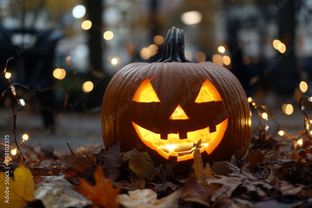A carved Halloween pumpkin glowing warmly amidst festive string lights and autumn leaves, creating a spooky yet cheerful atmosphere
A carved Halloween pumpkin glowing warmly amidst festive string lights and autumn leaves, creating a spooky yet cheerful atmosphere