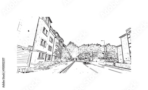 Print Building view with landmark of Stirling is the city in UK. Hand drawn sketch illustration in vector.